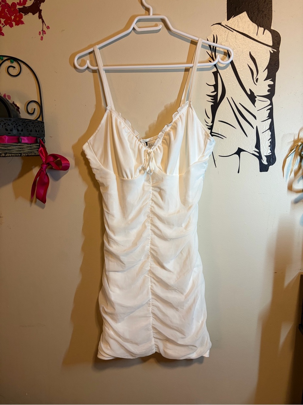 White Ruched Spaghetti-Strap Mini Dress - Picture 6 of 8